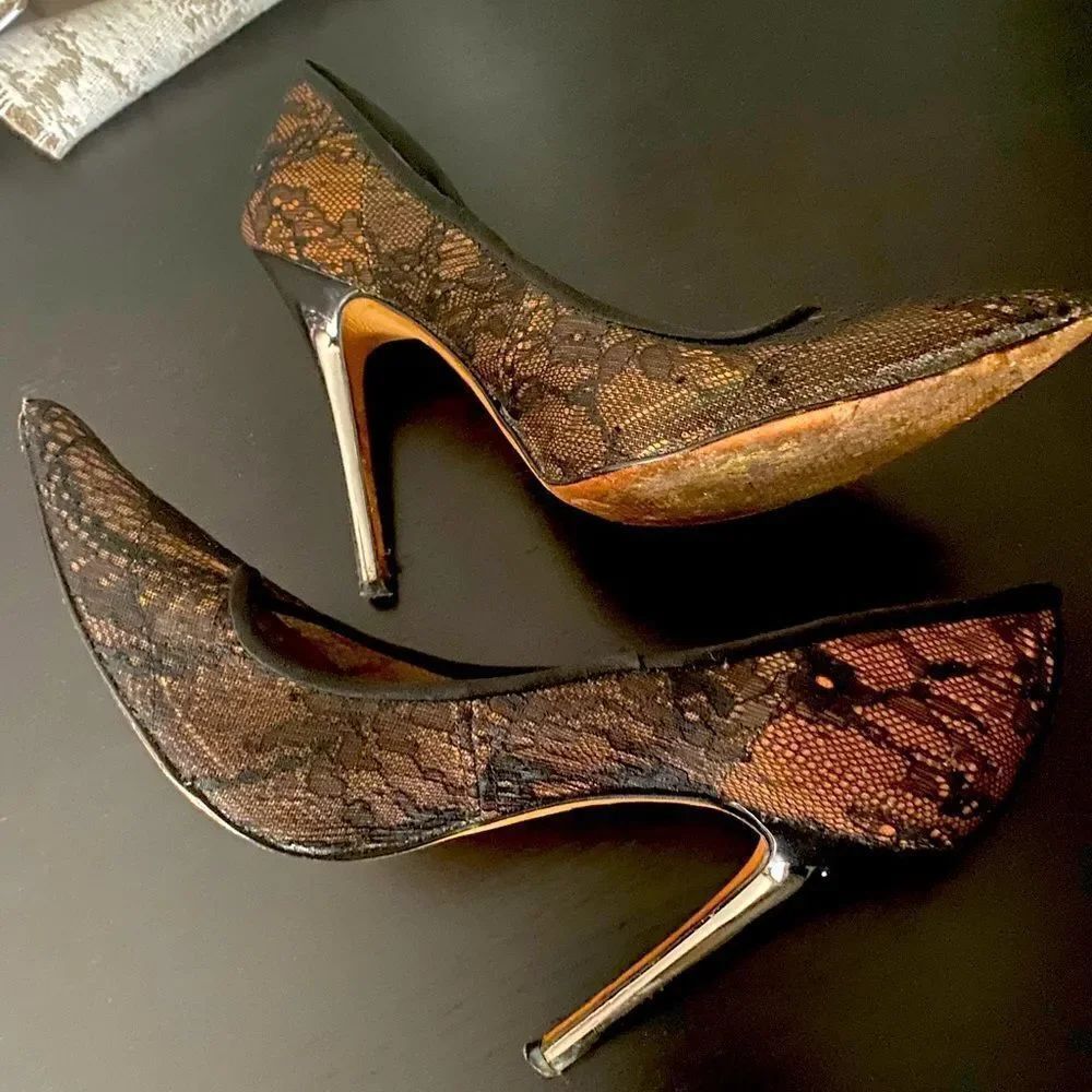 BCBG Max Azria- Leather Lace pointed toe black heels 7.5